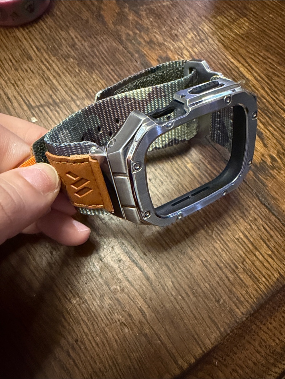 Rugged Metal Watch Case with Green Nylon & Tan Leather Strap